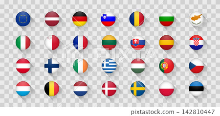 Official European Union member states national flags set in creative flat design style. Vector circle icons for web interface and language selection on transparent background Official European Union member states national flags set in creative flat design style. Vector circle icons for web interface and language selection on transparent background 142810447