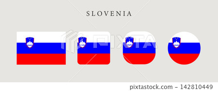 Slovenia national flag set in original proportion and different shapes styles. Official Slovene symbol vector collection Slovenia national flag set in original proportion and different shapes styles. Official Slovene symbol vector collection 142810449