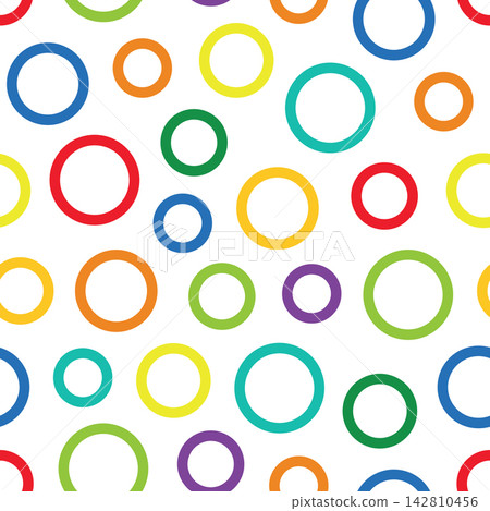 Colorful circles seamless vector pattern. Bright multicolor background texture with geometric vibrant ring shapes and abstract creative repeat confetti dots for wrapping paper print Colorful circles seamless vector pattern. Bright multicolor background texture with geometric vibrant ring shapes and abstract creative repeat confetti dots for wrapping paper print 142810456