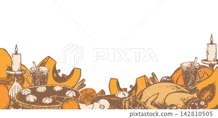 Traditional Thanksgiving candlelight dinner. Vector template with a text place. Autumn pumpkin pie with whipped cream, mulled wine, and roast turkey. Ink drawing in an engraving style. Harvest season. Traditional Thanksgiving candlelight dinner. Vector template with a text place. Autumn pumpkin pie with whipped cream, mulled wine, and roast turkey. Ink drawing in an engraving style. Harvest season. 142810505