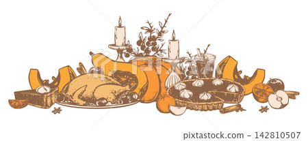 A traditional Thanksgiving dinner. A vector sketch composition depicting a family celebration. Autumn pumpkin pie with whipped cream, mulled wine, and roast turkey. Ink drawing in an engraving style. A traditional Thanksgiving dinner. A vector sketch composition depicting a family celebration. Autumn pumpkin pie with whipped cream, mulled wine, and roast turkey. Ink drawing in an engraving style. 142810507