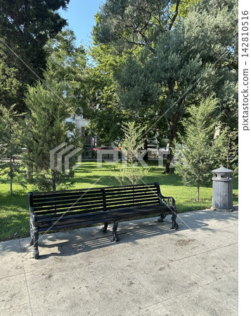 Wooden park bench, surrounded by grass and trees in a city park. Wooden park bench, surrounded by grass and trees in a city park. 142810516