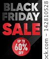 Bold and striking Black Friday sale promotional poster featuring high-impact white and red typography, a red circular badge with a sixty percent off discount offer, and diagonal lines on a dark backgr 142810528