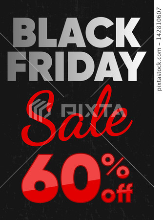 Minimalist Black Friday promotional sale poster featuring bold white and red typography with a sixty percent off discount offer on a dark textured background. Minimalist Black Friday promotional sale poster featuring bold white and red typography with a sixty percent off discount offer on a dark textured background. 142810607