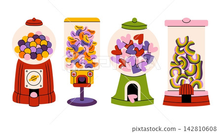 Cute hand drawn vector illustrations set of colorful Halloween candy dispenser and gumball machines, candy hearts, gummy sweets, orange slices shaped marmalade, marshmallows and playful confectionery. Cute hand drawn vector illustrations set of colorful Halloween candy dispenser and gumball machines, candy hearts, gummy sweets, orange slices shaped marmalade, marshmallows and playful confectionery. 142810608