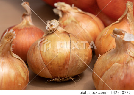 A collection of onions harvested and dried in a home garden (July) - Onion cultivation A collection of onions harvested and dried in a home garden (July) - Onion cultivation 142810722