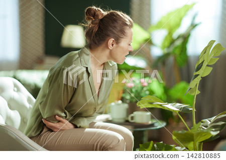 Woman Experiencing Stomach Pain While Resting at Home Woman Experiencing Stomach Pain While Resting at Home 142810885