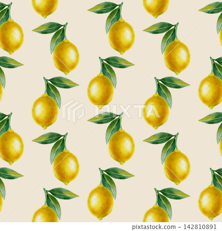 Seamless watercolor pattern featuring whole yellow lemons on green branches with leaves. This hand-drawn summer botanical illustration is perfect for fabric, wallpaper, packaging, and kitchen decor Seamless watercolor pattern featuring whole yellow lemons on green branches with leaves. This hand-drawn summer botanical illustration is perfect for fabric, wallpaper, packaging, and kitchen decor 142810891