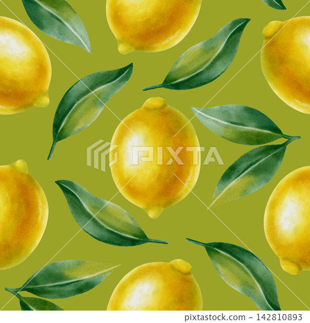 Seamless watercolor pattern featuring whole yellow lemons and green leaves. Hand-drawn summer botanical illustration is perfect for fabric, wallpaper, packaging, and kitchen decor 142810893