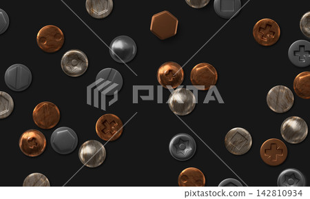 Screw hardware background with metallic fastener heads Screw hardware background with metallic fastener heads 142810934