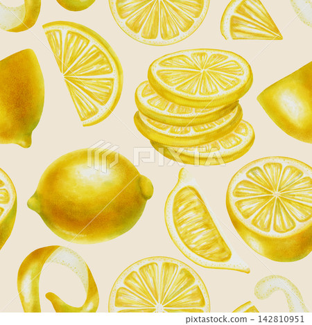 Rich seamless watercolor pattern with whole lemons, slices, and zest spirals. Summer botanical illustration is perfect for fabric, wallpaper, packaging, kitchen decor, menu, vibrant summer backgrounds Rich seamless watercolor pattern with whole lemons, slices, and zest spirals. Summer botanical illustration is perfect for fabric, wallpaper, packaging, kitchen decor, menu, vibrant summer backgrounds 142810951