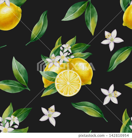 Watercolor seamless pattern featuring lemon slices, whole fruits and flowers. Hand drawn botanical illustration for fabric, textiles, wallpaper and Mediterranean style decor, kitchen decor, cafe menu 142810954