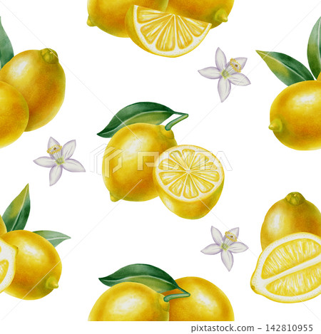 Watercolor seamless pattern featuring lemon slices, whole fruits and flowers. Hand drawn botanical illustration for fabric, textiles, wallpaper and Mediterranean style decor, kitchen decor, cafe menu 142810955
