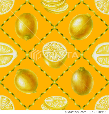 Watercolor seamless pattern with lemons and slices in a wavy geometric grid. Hand drawn botanical illustration for fabric, textiles, wallpaper and Mediterranean style decor, kitchen decor, cafe menu Watercolor seamless pattern with lemons and slices in a wavy geometric grid. Hand drawn botanical illustration for fabric, textiles, wallpaper and Mediterranean style decor, kitchen decor, cafe menu 142810956