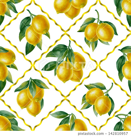 Watercolor seamless pattern with lemons and green leaves. Hand drawn botanical illustration for fabric, textiles, wallpaper and Mediterranean style decor, kitchen decor, cafe menu Watercolor seamless pattern with lemons and green leaves. Hand drawn botanical illustration for fabric, textiles, wallpaper and Mediterranean style decor, kitchen decor, cafe menu 142810957
