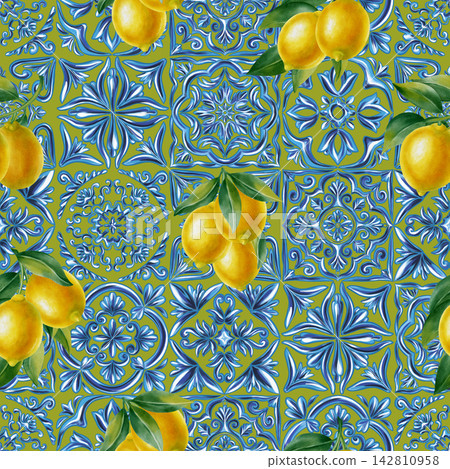Mediterranean majolica tile style seamless pattern with lemons and blue ornaments. Watercolor traditional Italian azulejo design for textile, home and kitchen decor, fabric, textiles Mediterranean majolica tile style seamless pattern with lemons and blue ornaments. Watercolor traditional Italian azulejo design for textile, home and kitchen decor, fabric, textiles 142810958