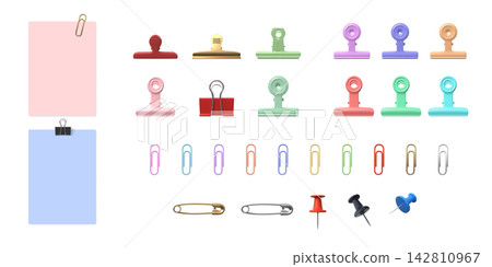 3D binder clasps, paper clips and push pin collection, vector realistic fastener for file document or note attachment 3D binder clasps, paper clips and push pin collection, vector realistic fastener for file document or note attachment 142810967