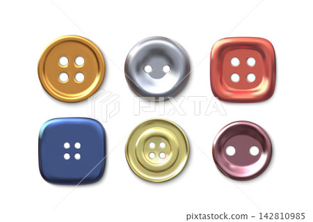 3D metallic sewing buttons different shapes and colors vector icons set, realistic sewing buttons with two or four holes 3D metallic sewing buttons different shapes and colors vector icons set, realistic sewing buttons with two or four holes 142810985