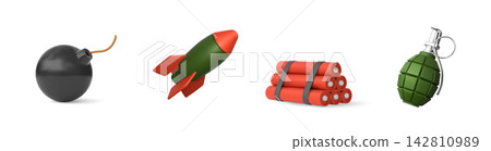 Explosive weapon 3D realistic icons vector set, bomb, grenade, mine TNT dynamite, missile rocket war military equipment 142810989