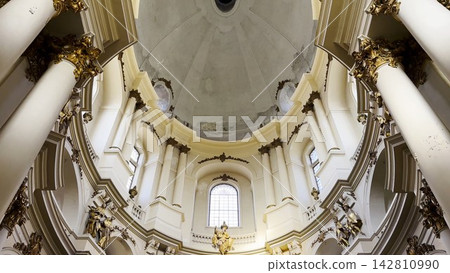Interior view of a beautiful church showcasing ornate architecture, high ceilings and detailed decorations. Sacred space emphasizing the atmosphere of peace, spirituality and historical character 142810990