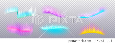 Aurora borealis different colors vector set, realistic Northern Polar lights with neon glowing effect, overlay radiance Aurora borealis different colors vector set, realistic Northern Polar lights with neon glowing effect, overlay radiance 142810991