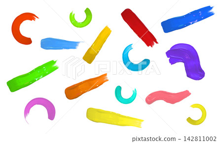 Colorful paint brush strokes, realistic 3D textured oil or acrylic paint stripes different colors and shapes vector set 142811002