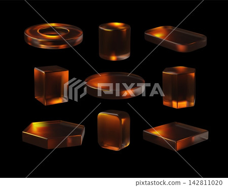 3D glass brown podium stands different shapes, realistic round, square, cube, hexagon cylinder pedestal vector set 3D glass brown podium stands different shapes, realistic round, square, cube, hexagon cylinder pedestal vector set 142811020