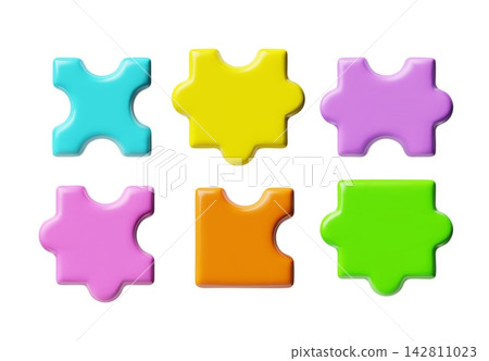 Puzzle pieces different colors 3D cartoon vector icons set, logic game toy part, jigsaw detail for connecting assemble Puzzle pieces different colors 3D cartoon vector icons set, logic game toy part, jigsaw detail for connecting assemble 142811023