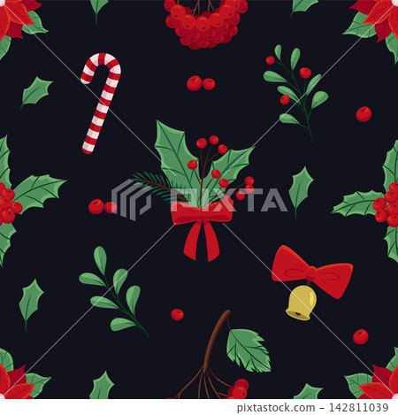 Winter christmas botanical background pattern with holly and berries Winter christmas botanical background pattern with holly and berries 142811039