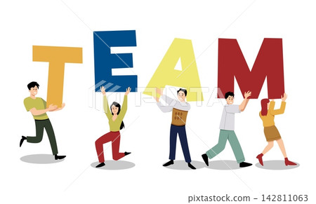 Teamwork teambuilding vector illustration with people holding letters 142811063