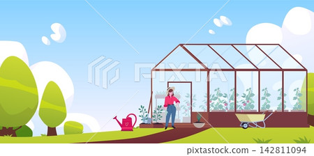 Greenhouse garden background cartoon vector illustration 142811094