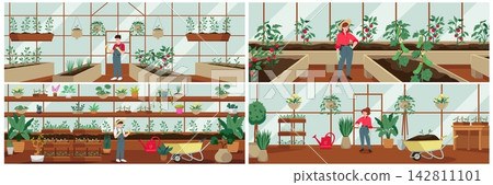 Greenhouse garden vector illustration set with plants and tools Greenhouse garden vector illustration set with plants and tools 142811101