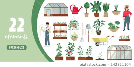 Greenhouse gardening element set with flat vector illustration Greenhouse gardening element set with flat vector illustration 142811104