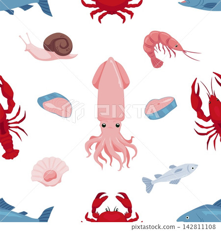 Seafood background marine fish illustration with crab and shrimp Seafood background marine fish illustration with crab and shrimp 142811108