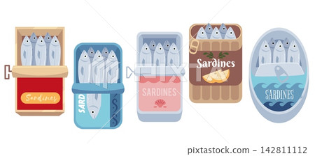 Sardine seafood element set with flat vector packaging Sardine seafood element set with flat vector packaging 142811112