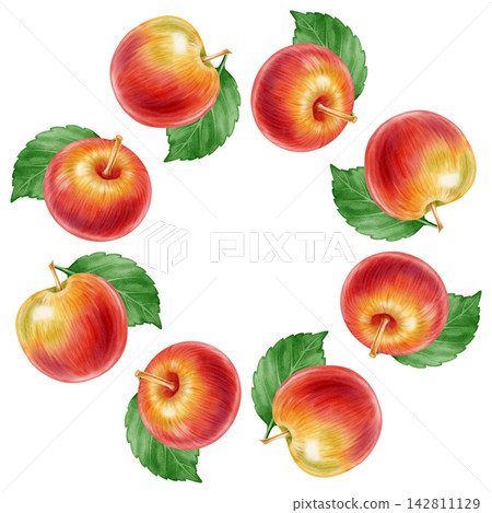 Watercolor red apple wreath circular with leaves isolated on white background. Perfect for product logo, posters, packaging, textile, market advertising, label, card Watercolor red apple wreath circular with leaves isolated on white background. Perfect for product logo, posters, packaging, textile, market advertising, label, card 142811129