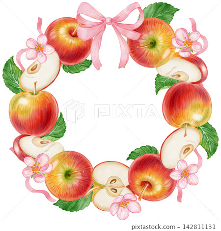 Watercolor red apple wreath with whole fruits, slices, blossoms, green leaves,pink ribbon bow. Perfect for product logo, posters, packaging, textile, market advertising, label, card Watercolor red apple wreath with whole fruits, slices, blossoms, green leaves,pink ribbon bow. Perfect for product logo, posters, packaging, textile, market advertising, label, card 142811131