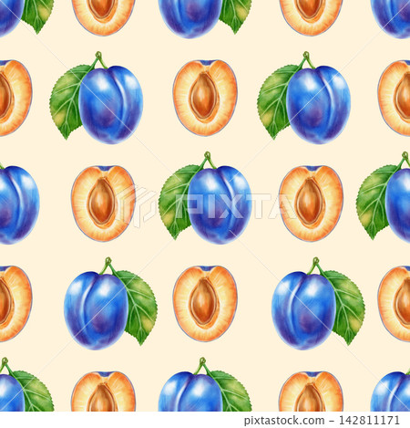 Hand drawn watercolor seamless pattern with ripe blue plums, halves, seeds, white flowers. Perfect for product logo, posters, packaging, textile, market advertising, wedding invitation, label, card Hand drawn watercolor seamless pattern with ripe blue plums, halves, seeds, white flowers. Perfect for product logo, posters, packaging, textile, market advertising, wedding invitation, label, card 142811171