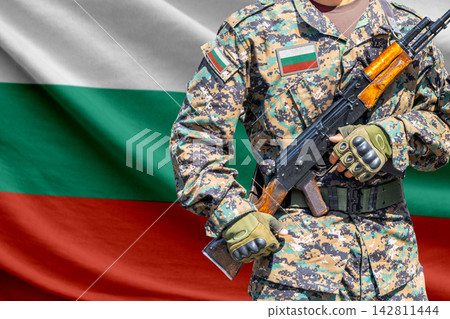 Bulgaria flag with soldier holding assault rifle Bulgaria flag with soldier holding assault rifle 142811444