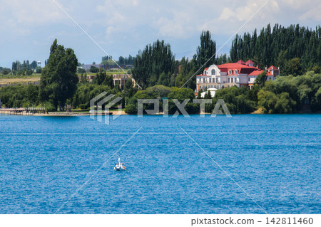 Two people on swan-shaped paddleboat at serene lake Two people on swan-shaped paddleboat at serene lake 142811460