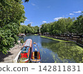 Colorful narrowboats adorn London's Little Venice. 142811831