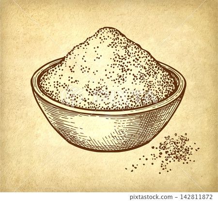Ground spice in a bowl. Ink sketch on old paper. Ground spice in a bowl. Ink sketch on old paper. 142811872