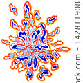 A curved representation resembling orange and blue fireworks. 142811908
