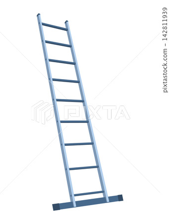 Metal ladder leaning at angle with evenly spaced rungs and stabilizing feet on white background, with ladder, metal, straight, leaning detail, showing rung, rail, feet, blue context Metal ladder leaning at angle with evenly spaced rungs and stabilizing feet on white background, with ladder, metal, straight, leaning detail, showing rung, rail, feet, blue context 142811939