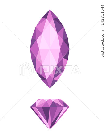 Pink gemstone icon set with faceted square and round jewel cuts, sparkling gem facets, flat geometric vector style on clean white background 142811944
