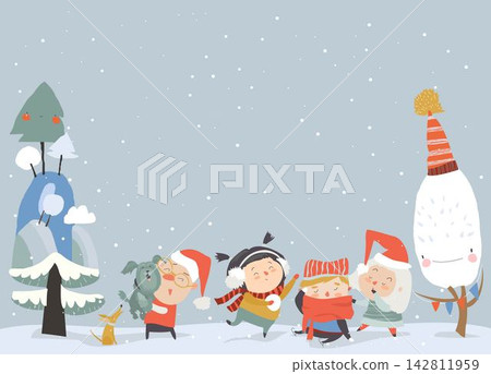 Cute Cartoon Kids meeting Snowy Winter 142811959