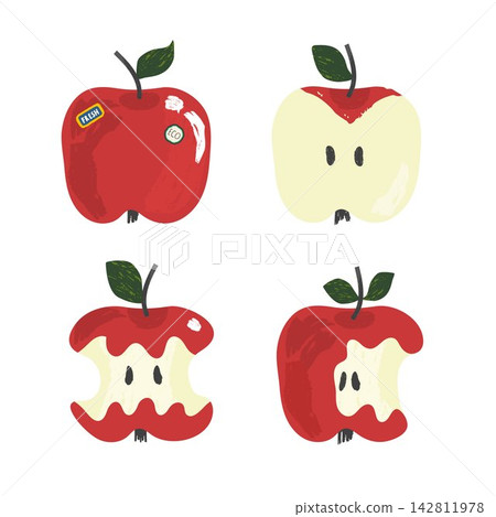 Red apple set with whole fruit halves cores and bites in hand drawn vector style Red apple set with whole fruit halves cores and bites in hand drawn vector style 142811978