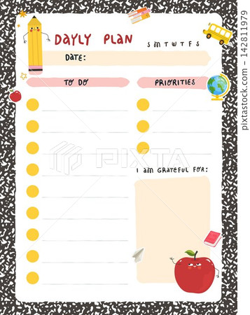 Daily school planner with checklist priorities gratitude section and colorful education elements Daily school planner with checklist priorities gratitude section and colorful education elements 142811979