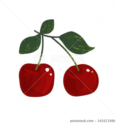 Red cherry pair with green leaves isolated on white background in hand drawn vector style Red cherry pair with green leaves isolated on white background in hand drawn vector style 142811980