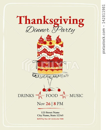 Thanksgiving dinner party invitation with red cake cherries bows and cream details in hand drawn vector style 142811981